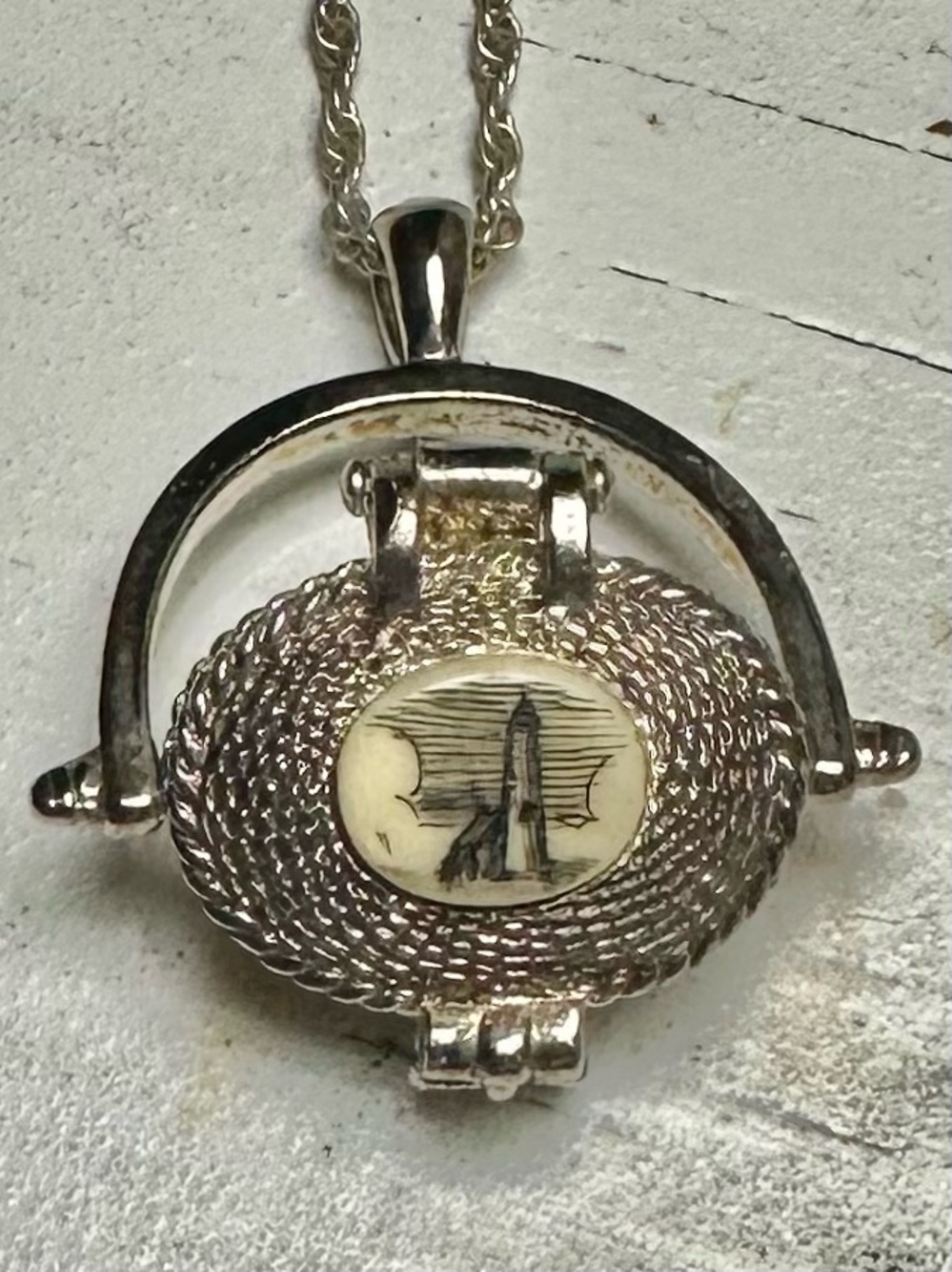 Nantucket Lighthouse Spinning Basket Pendant with 24” Necklace in Silver-tone
